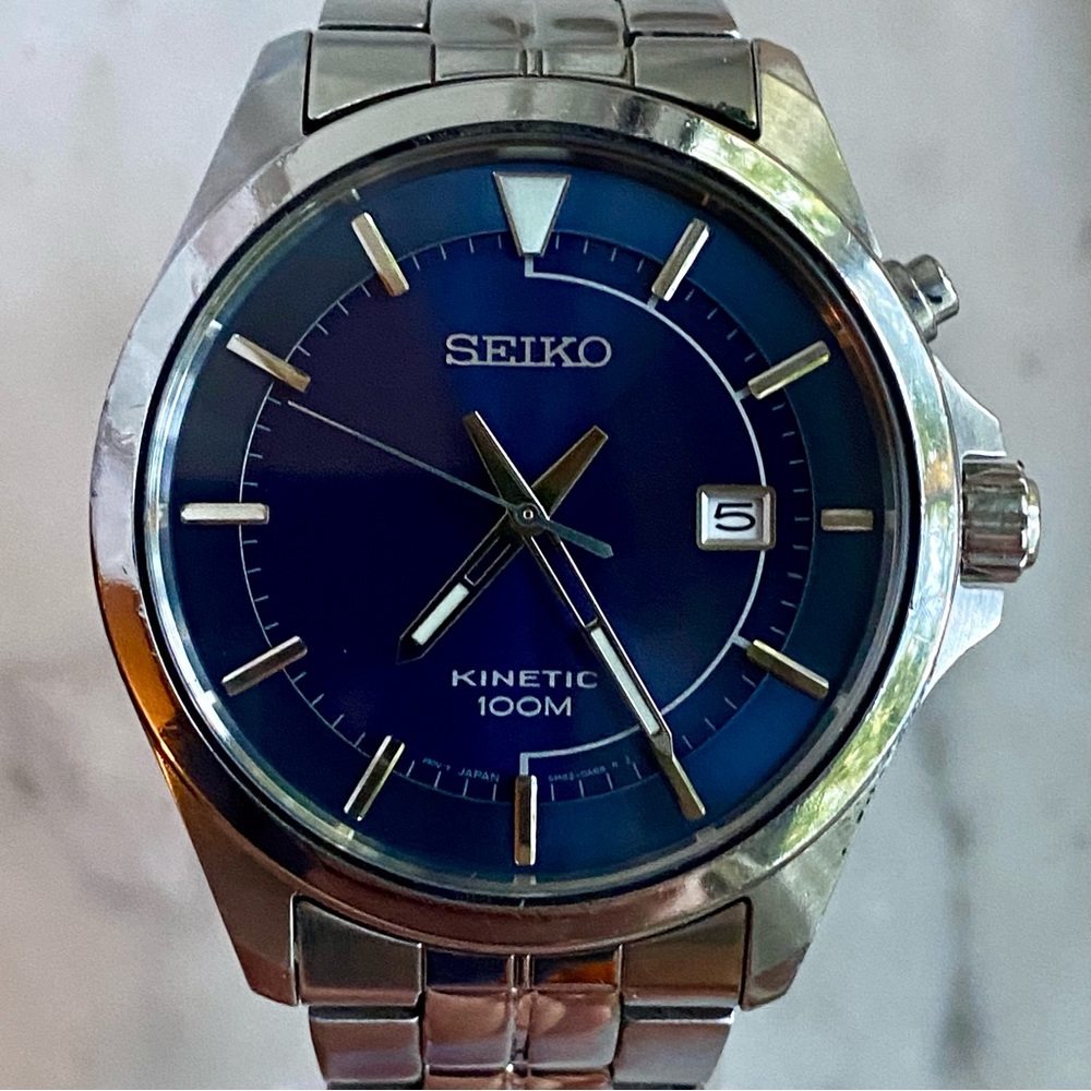 Seiko Kinetic Blue Dial Men’s Date Watch w/ New Battery and New Crystal